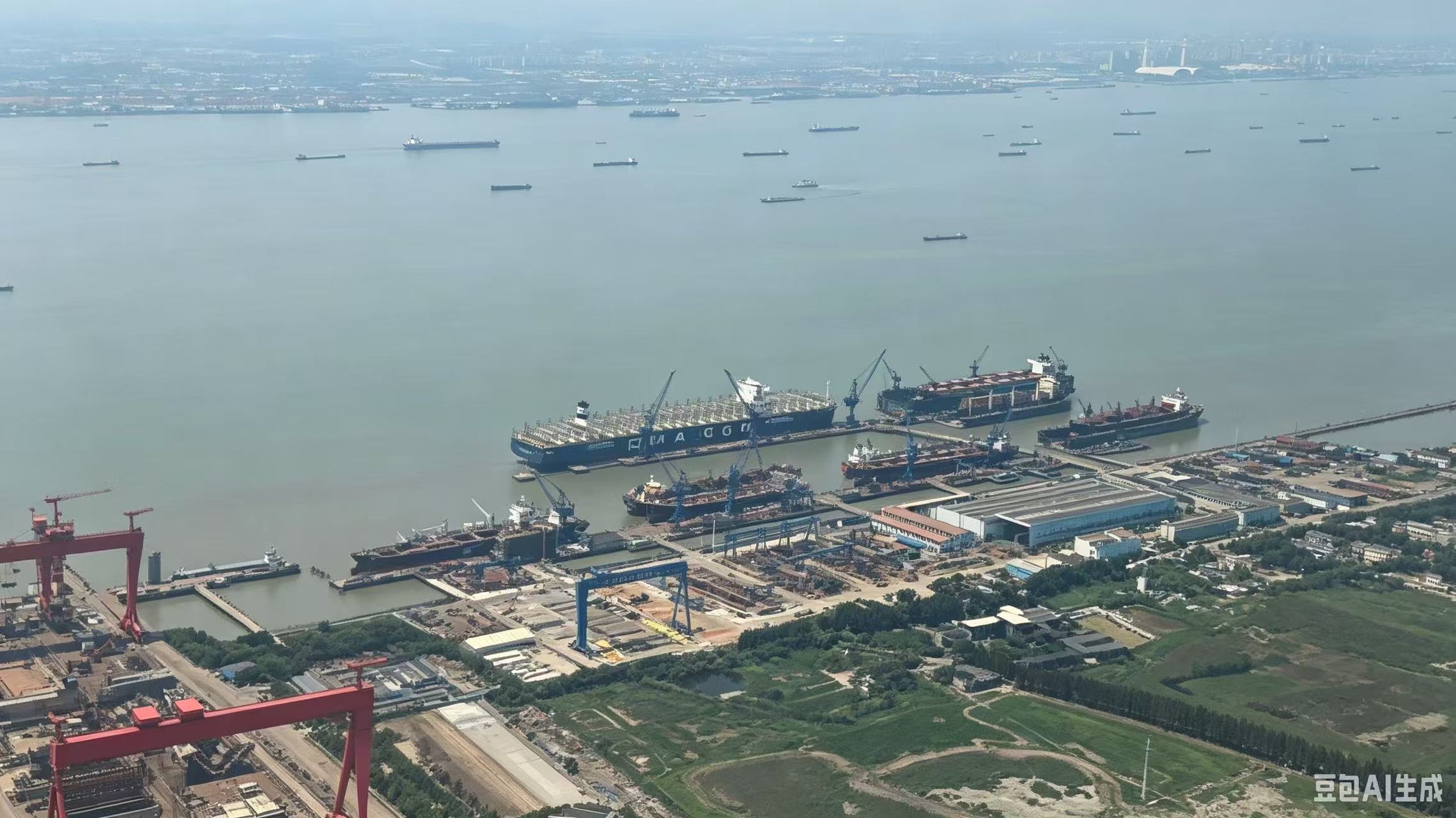 China port aerial view, ro-ro ship for used car export from Foshan